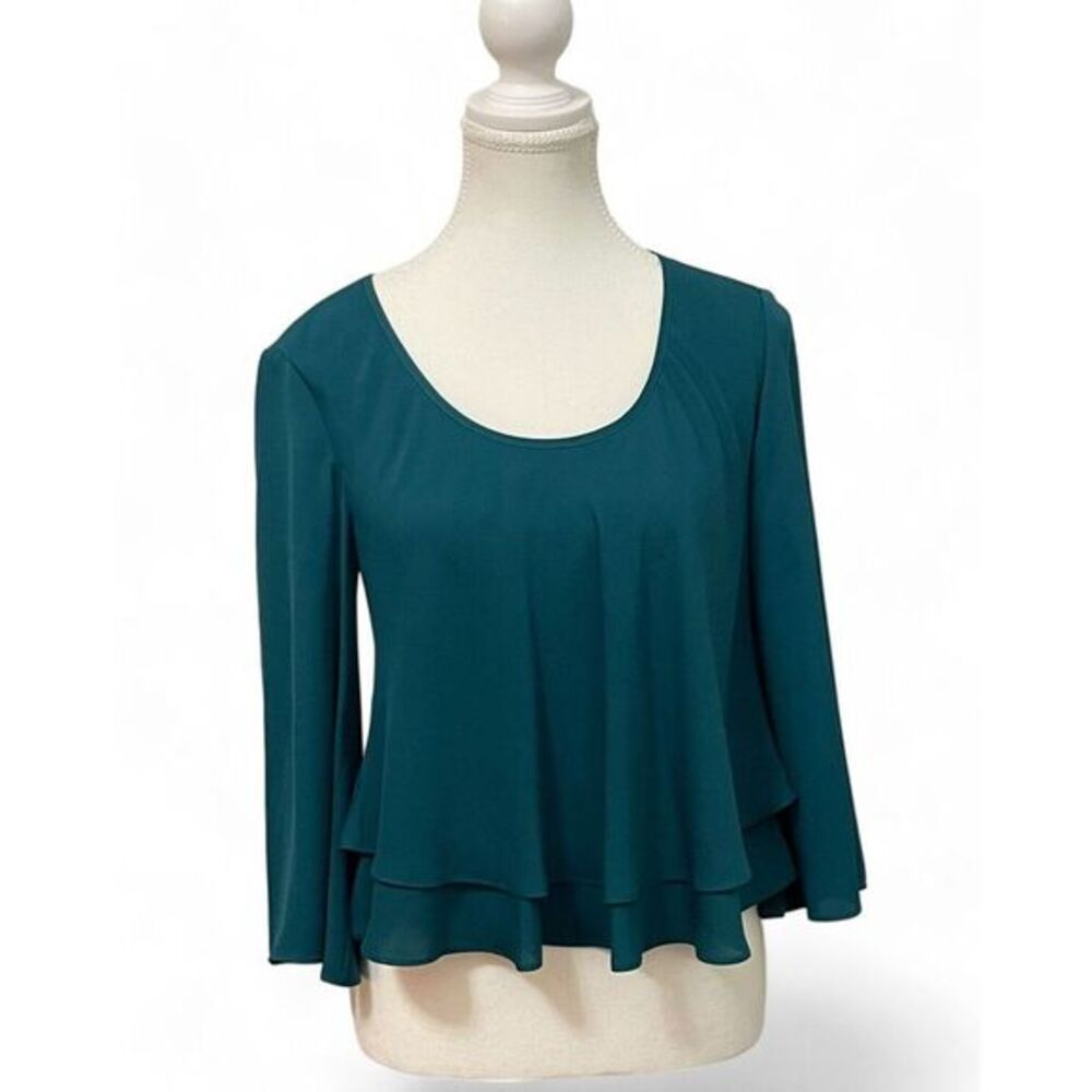 Amanda Uprichard Teal Blouse Layered Chiffon Scoop Neck Long Sleeve Size Petite‎